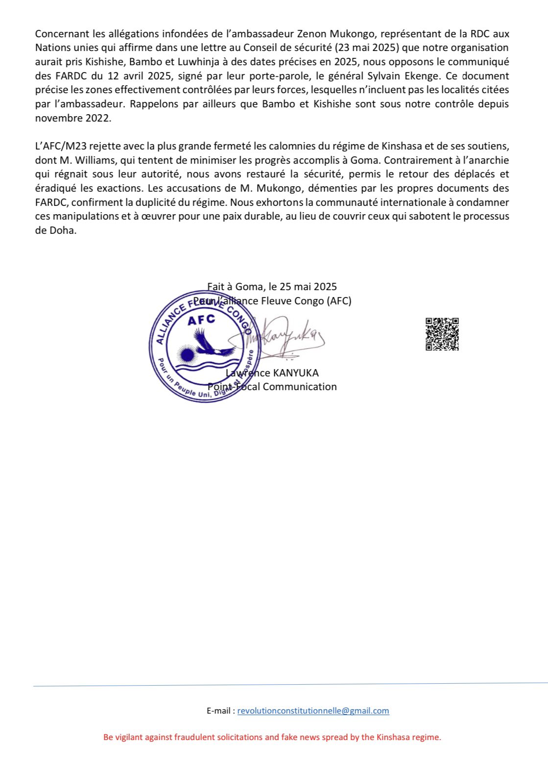 RDC:  L’afc\m23 rejette l’allegation et les calomnies du regimes de Kinshasa et de ses soutiens.