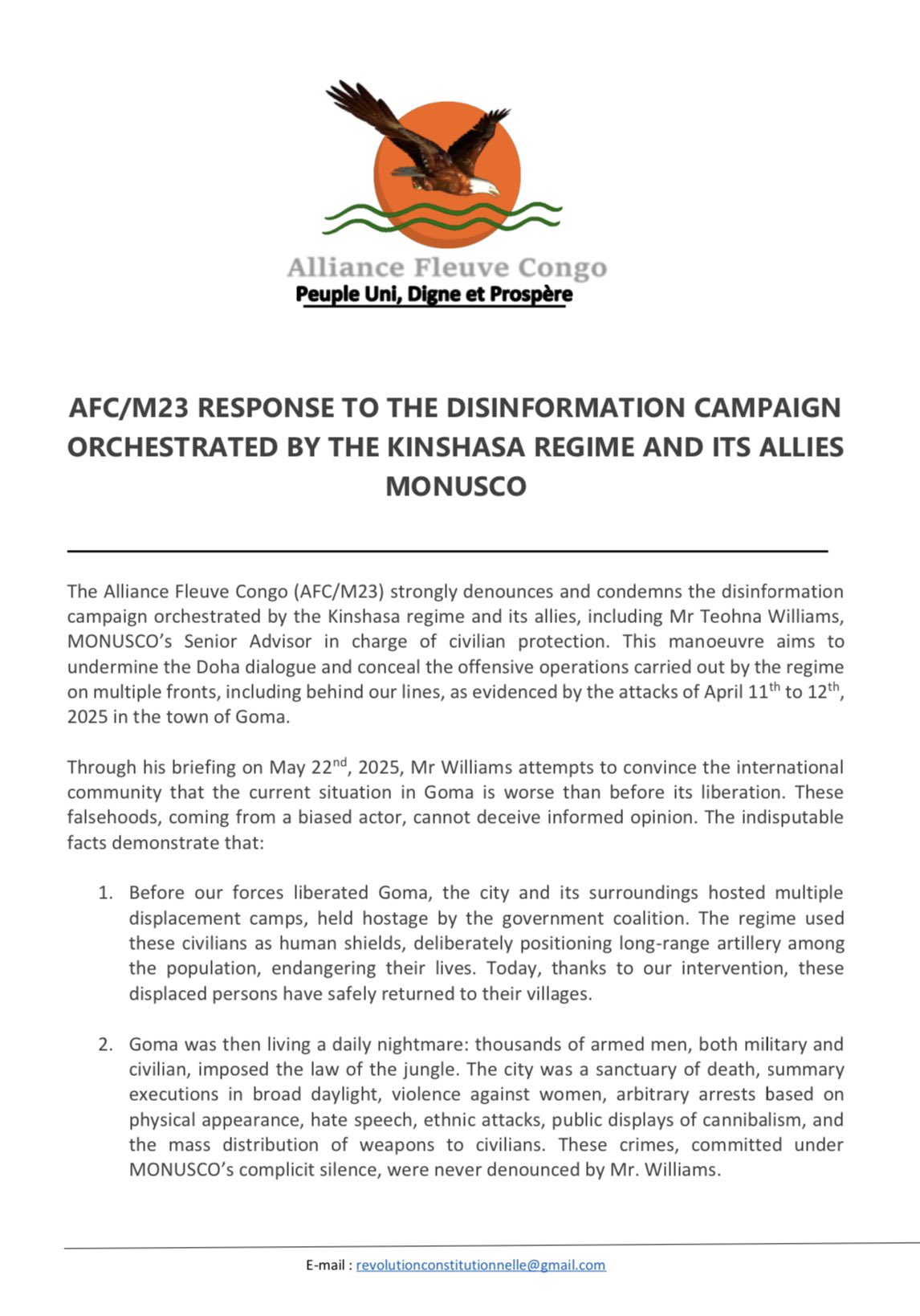 RDC:L’Afc\m23 rejects the slander of Kinshasa regime and its supporters.