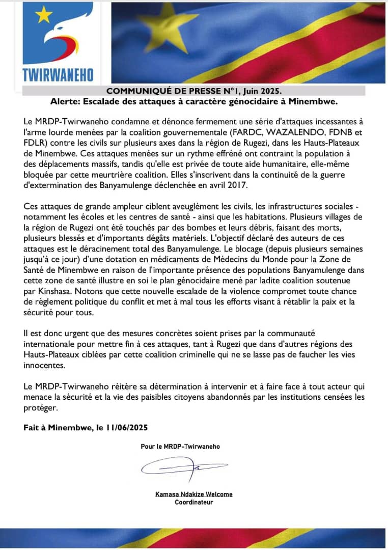 RDC:MRDP/Twirwaneho yamaganye ibitero by’ingabo z’Abarundi.