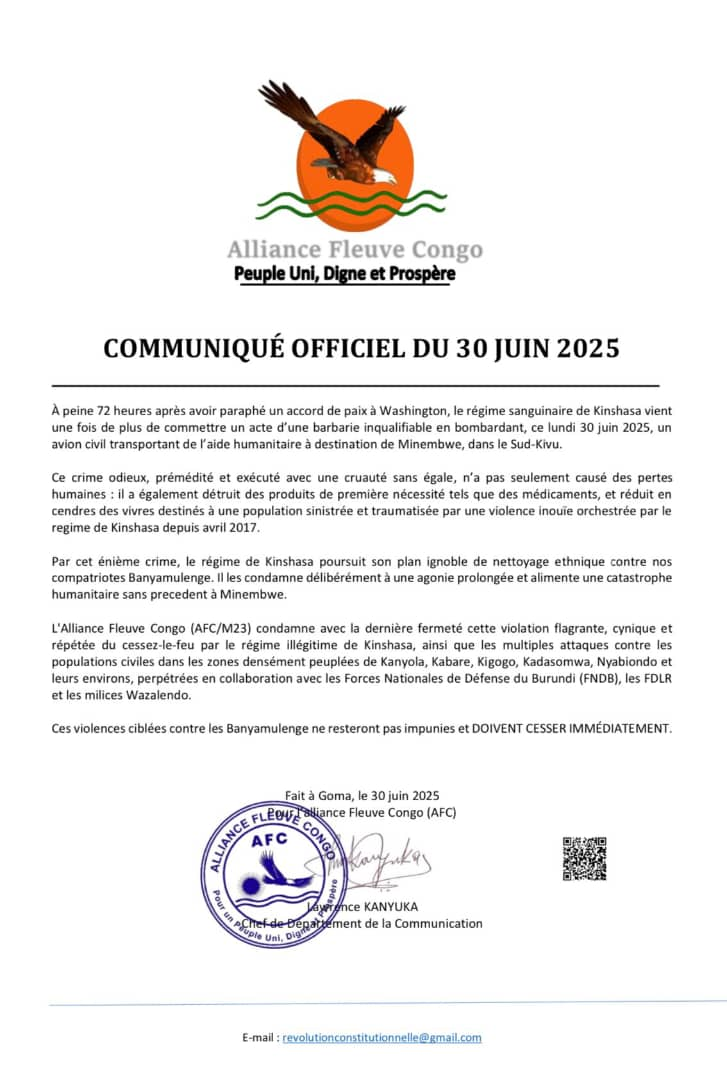 RDC:COmmunique officiel de l’Alliance Fleuve Congo
