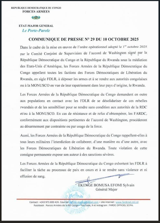 Uko FARDC yasohoye itangazo rikomeye ryo gusaba FDLR gushyira intwaro hasi no gusubira mu Rwanda