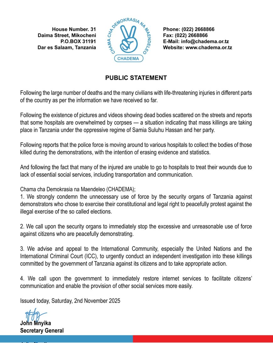 Ishyaka rya CHADEMA ritavuga rumwe n’ubutegetsi bwa Perezida Samia Suluhu Hassan ryandikiye Urukiko Mpuzamahanga Mpanabyaha ‘ICC’ ku byaha biri gukorerwa abanyagihugu ba Tanzania