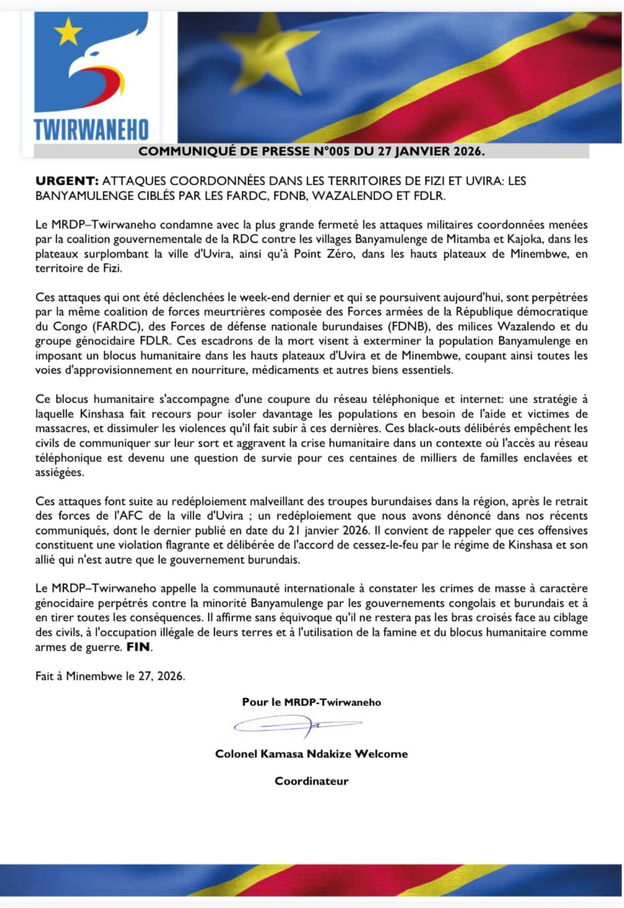 MRDP Twirwaneho yamaganye ibitero byongeye kugabwa ku midugudu ituwe n’Abanyamulenge