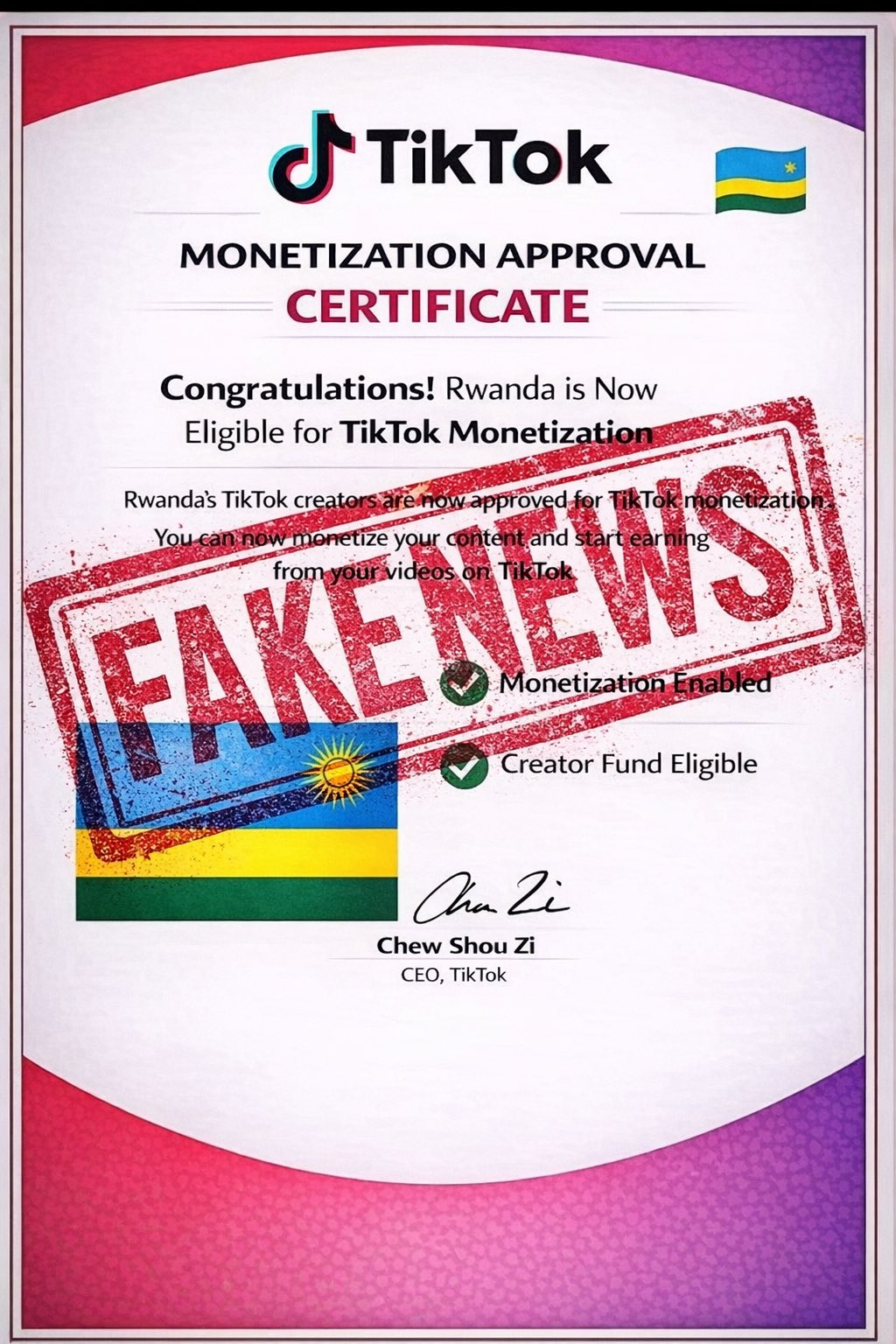 Minisiteri y’lkoranabuhanga mu Itumanaho na Inovasiyo (MINICT) yahakanye amakuru y’uko ‘TikTok’ yashyizeho uburyo bwo kwinjiza amafaranga ku bashyira amakuru kuri TikTok bari mu Rwanda bizwi nka ’monétisation