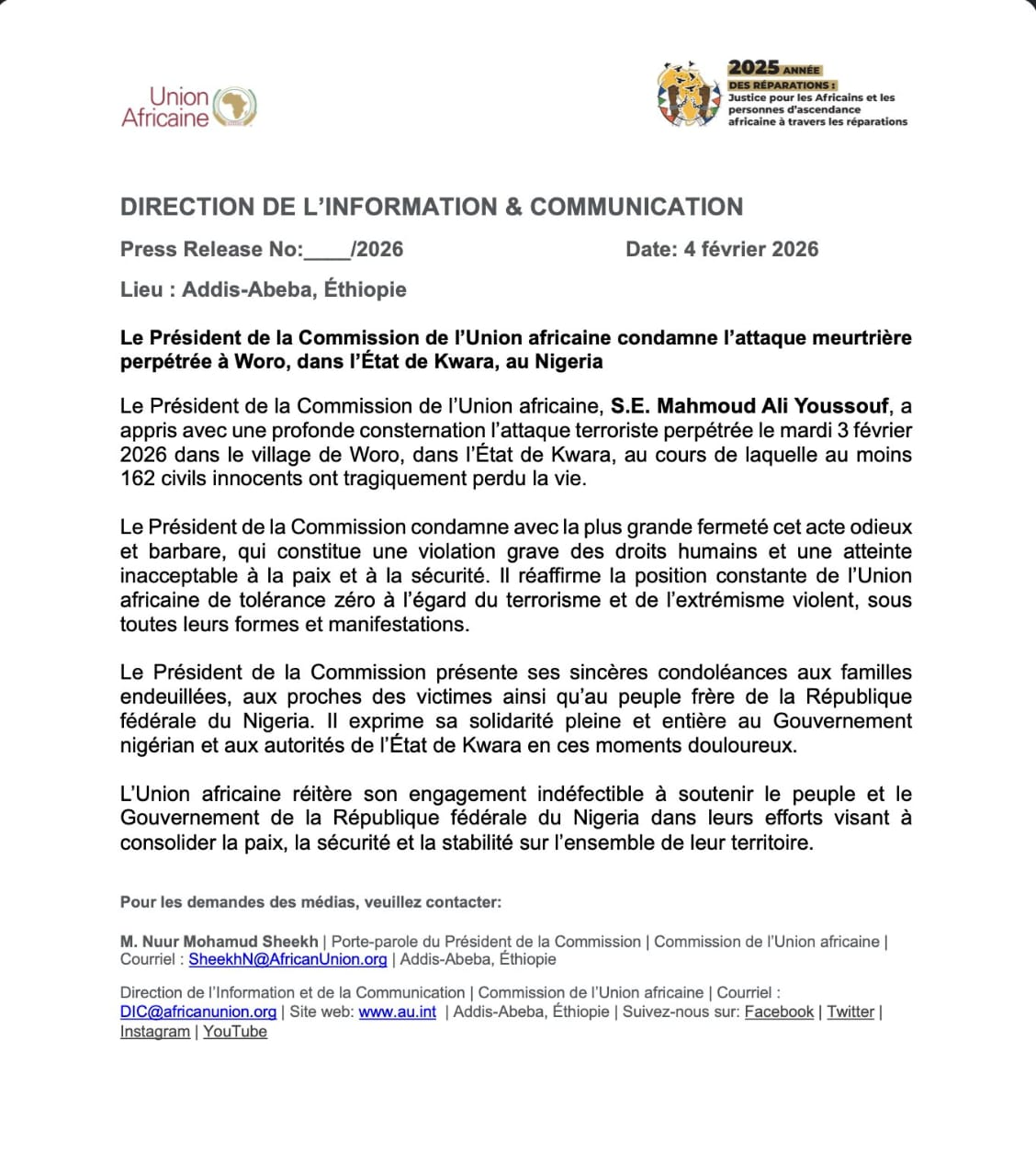 Komisiyo y’umuryango w’Ubumwe bw ‘Afurika na USA byamaganye igitero kiterabwoba cyabaye muri NIGER na Nigeria